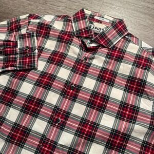 Express Shirt Mens Medium Red Plaid Button Up Long Sleeve Fitted Casual Adult